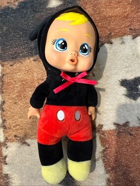 Plush Baby Doll in Black, Red & Yellow with Pink Bow
